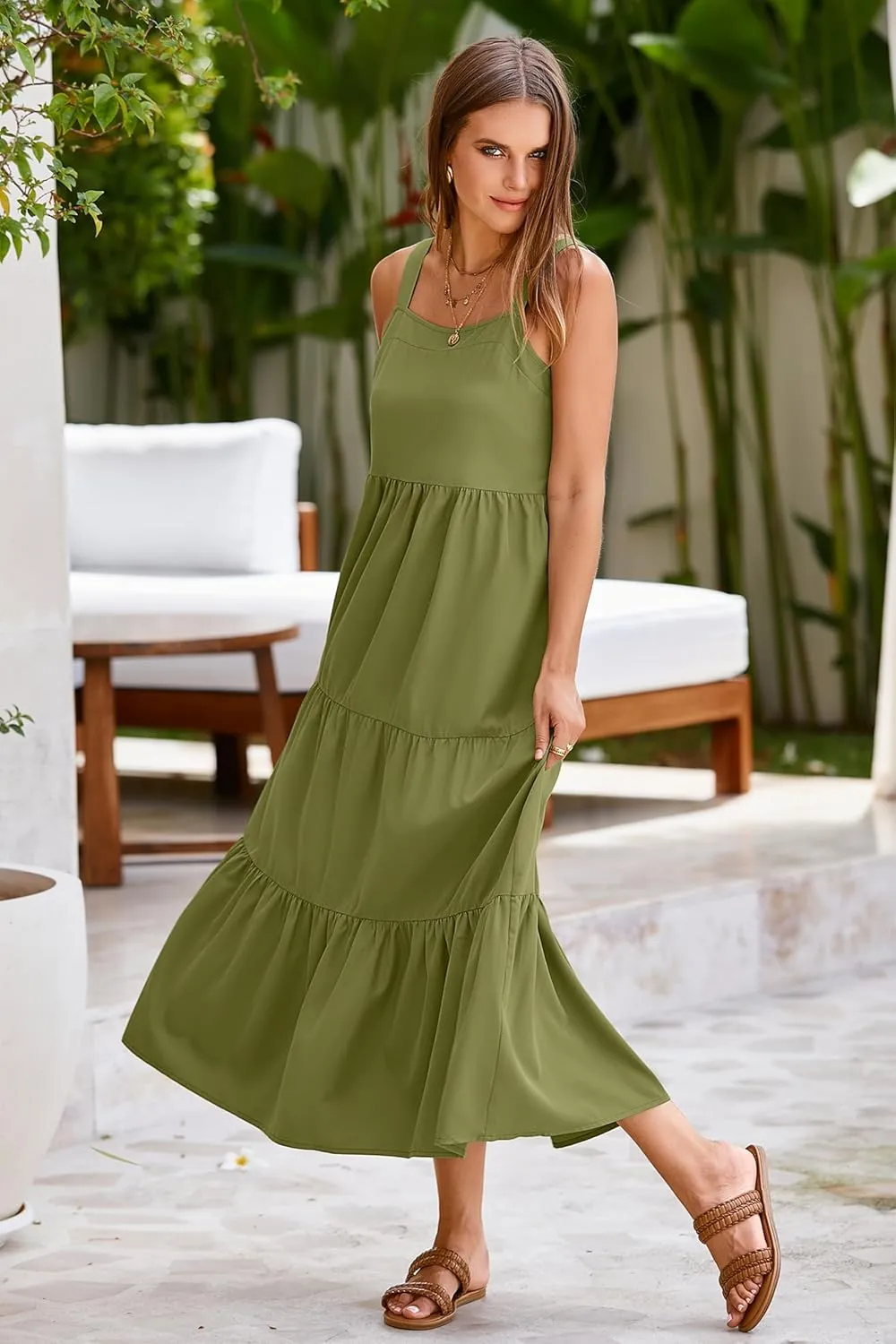 SimpleFun Womens Summer Dresses Sleeveless Adjustable Straps Tiered Maxi Dress with Pockets Casual Beach Long Sundresses