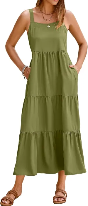 SimpleFun Womens Summer Dresses Sleeveless Adjustable Straps Tiered Maxi Dress with Pockets Casual Beach Long Sundresses
