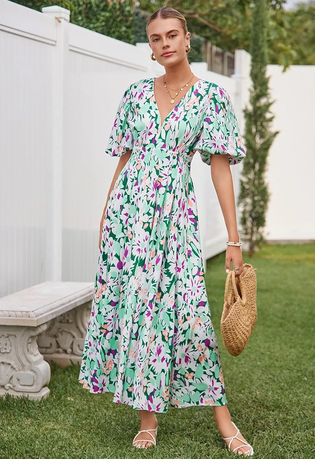 Sissyaki Women's Boho Floral Midi Dress Smocked Beach Flowy Dress