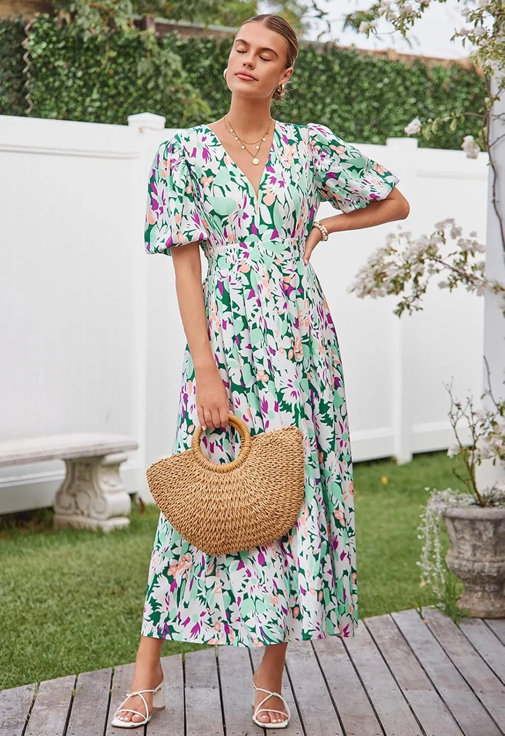 Sissyaki Women's Boho Floral Midi Dress Smocked Beach Flowy Dress