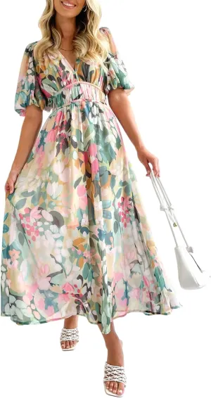 Sissyaki Women's Boho Floral Midi Dress Smocked Beach Flowy Dress