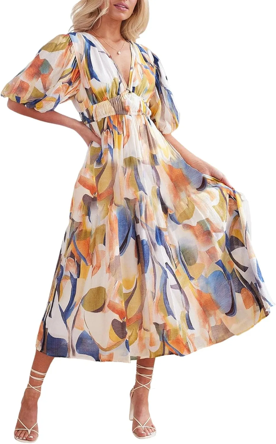 Sissyaki Women's Boho Floral Midi Dress Smocked Beach Flowy Dress