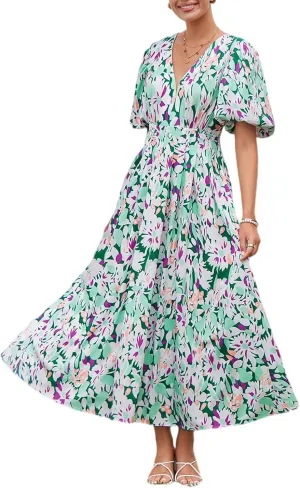 Sissyaki Women's Boho Floral Midi Dress Smocked Beach Flowy Dress