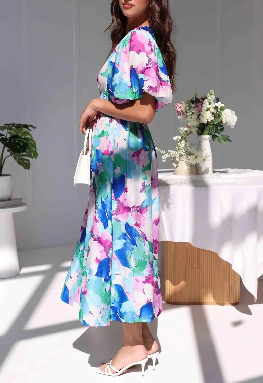 Sissyaki Women's Boho Floral Midi Dress Smocked Beach Flowy Dress