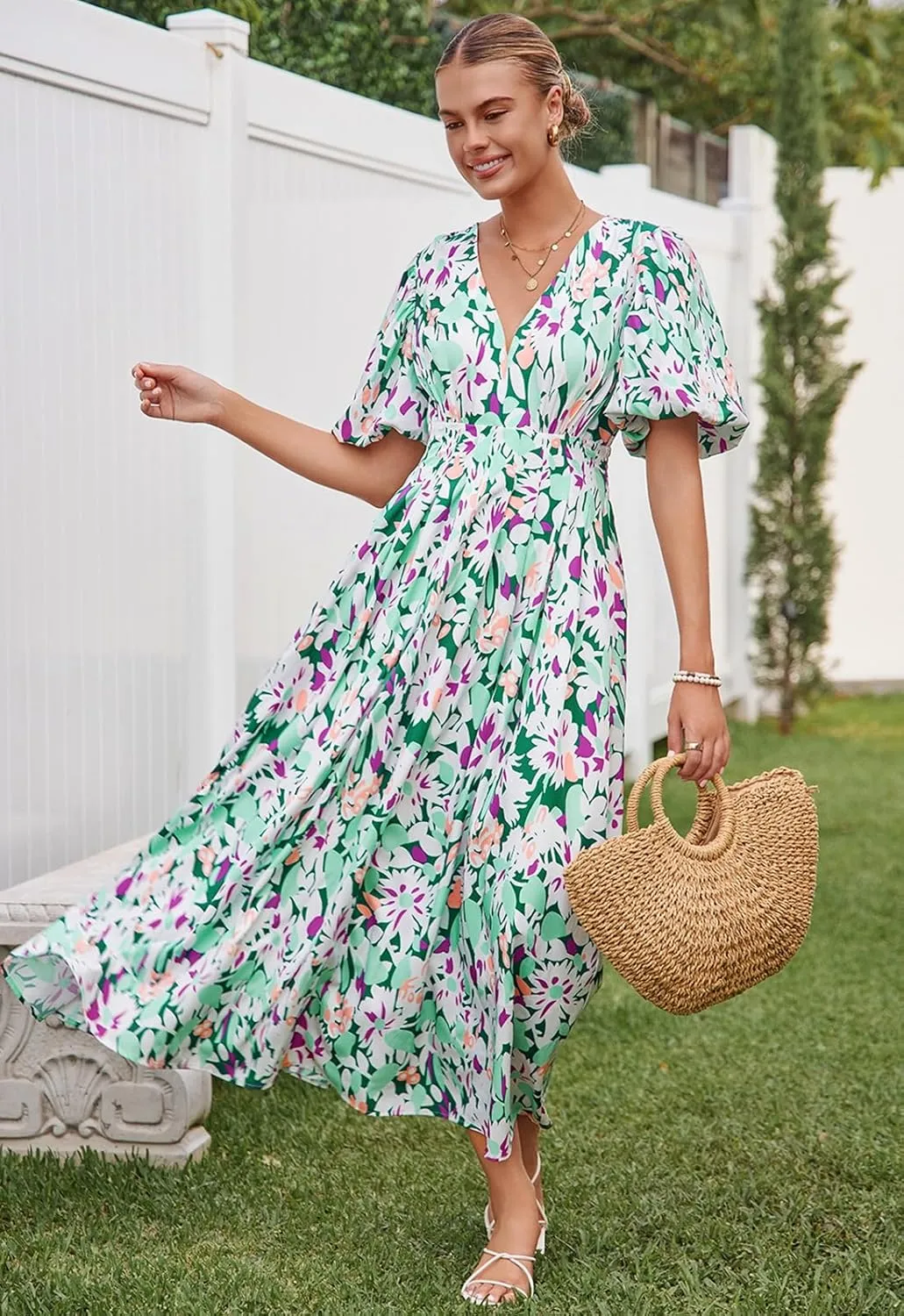 Sissyaki Women's Boho Floral Midi Dress Smocked Beach Flowy Dress