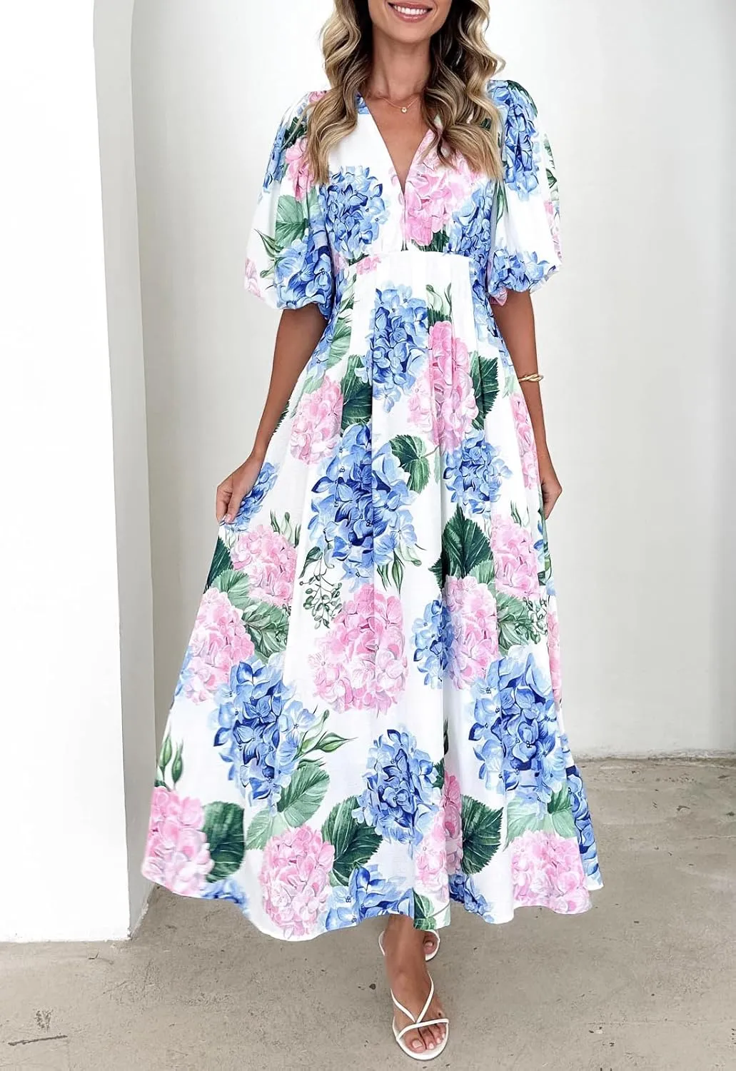 Sissyaki Women's Boho Floral Midi Dress Smocked Beach Flowy Dress