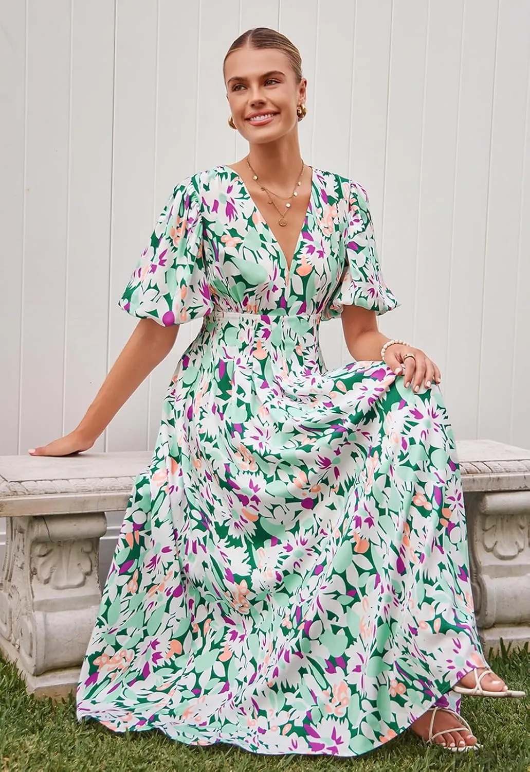 Sissyaki Women's Boho Floral Midi Dress Smocked Beach Flowy Dress