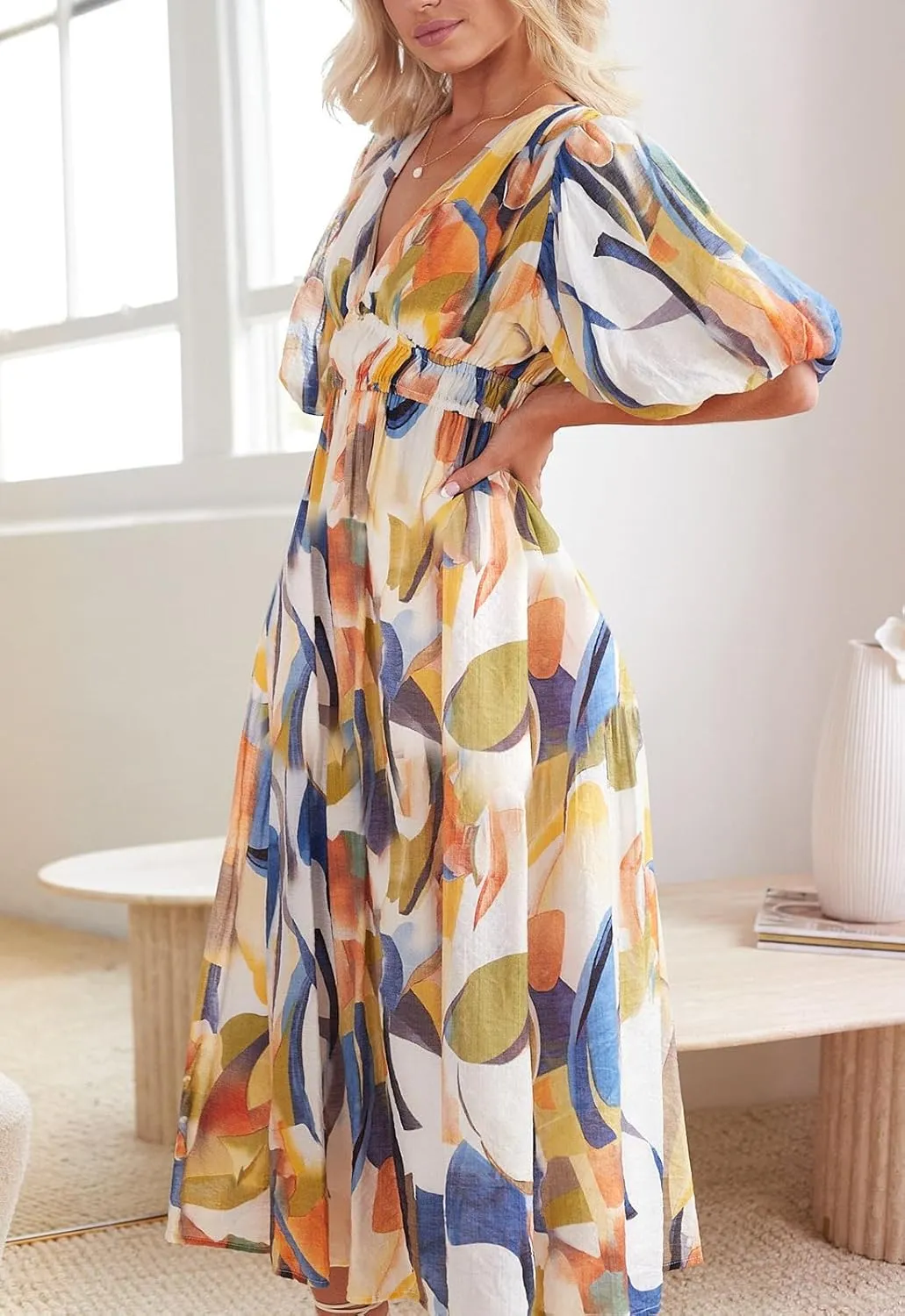 Sissyaki Women's Boho Floral Midi Dress Smocked Beach Flowy Dress