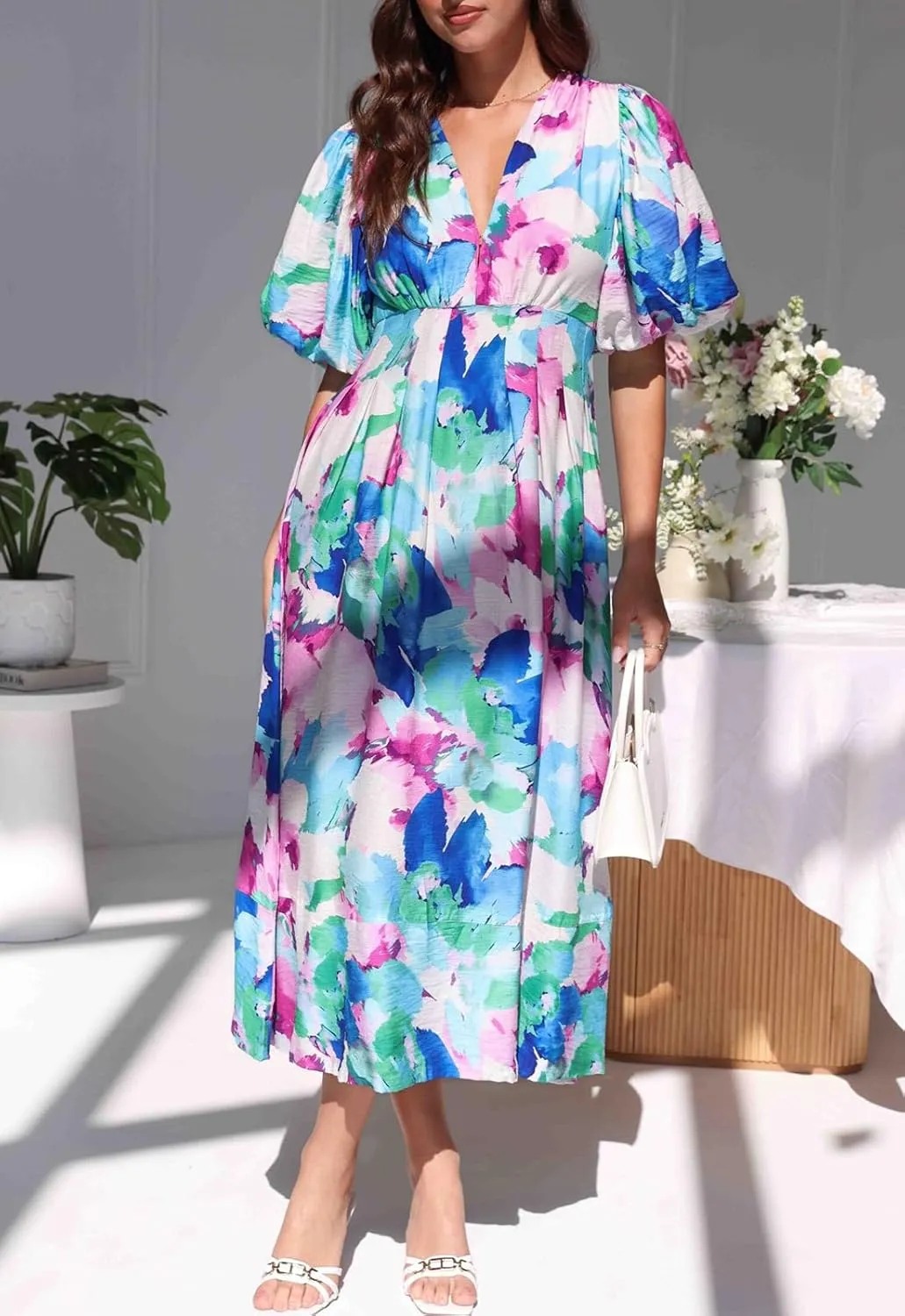 Sissyaki Women's Boho Floral Midi Dress Smocked Beach Flowy Dress