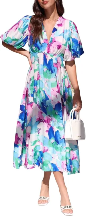 Sissyaki Women's Boho Floral Midi Dress Smocked Beach Flowy Dress