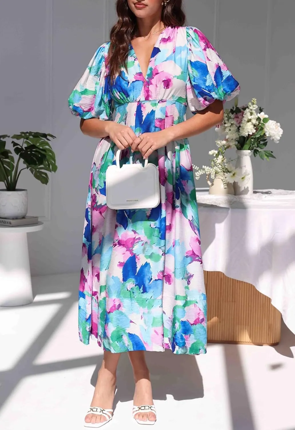 Sissyaki Women's Boho Floral Midi Dress Smocked Beach Flowy Dress