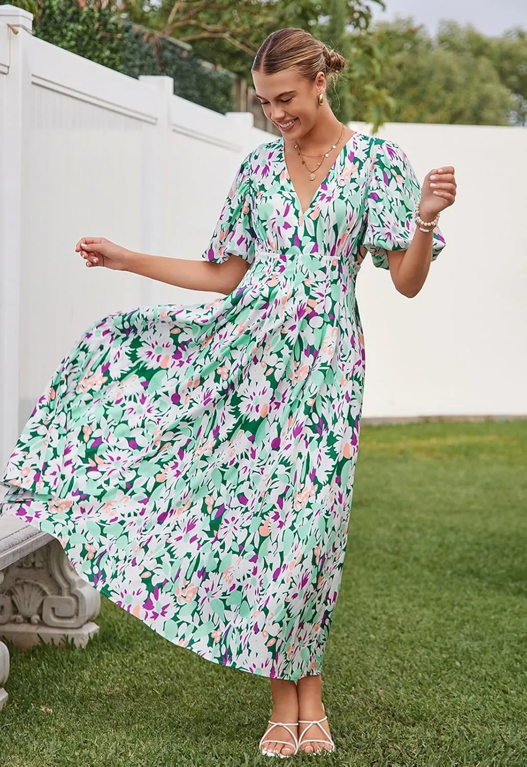 Sissyaki Women's Boho Floral Midi Dress Smocked Beach Flowy Dress