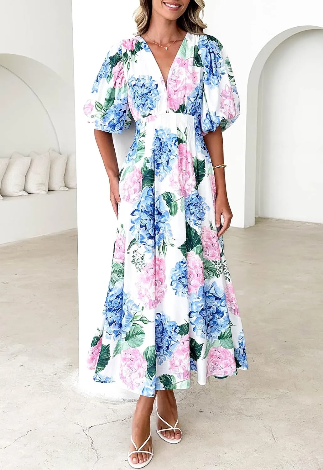 Sissyaki Women's Boho Floral Midi Dress Smocked Beach Flowy Dress