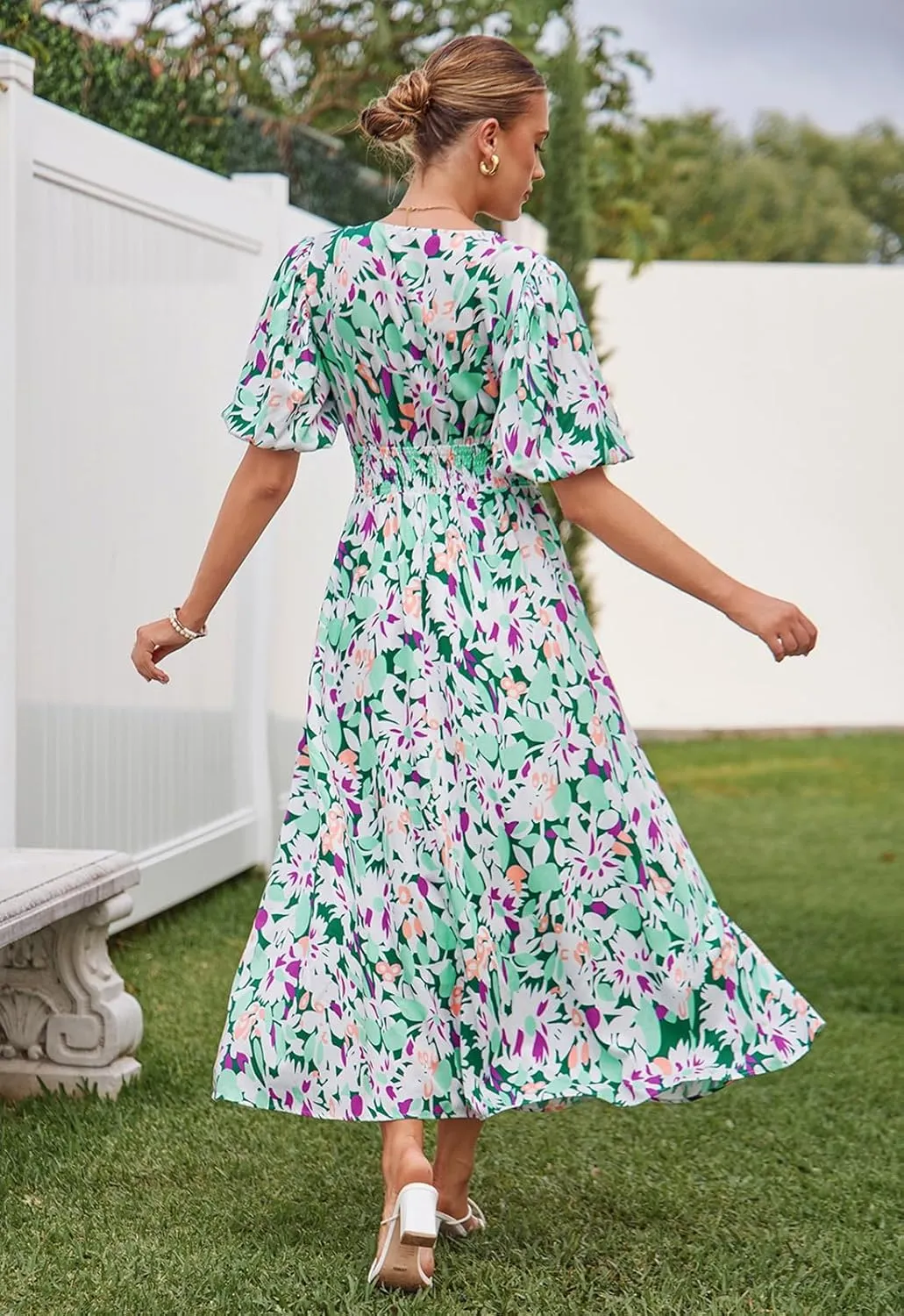 Sissyaki Women's Boho Floral Midi Dress Smocked Beach Flowy Dress