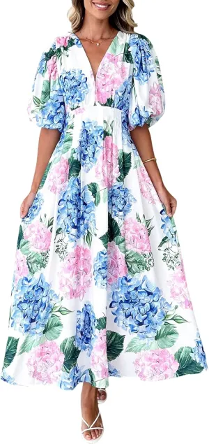 Sissyaki Women's Boho Floral Midi Dress Smocked Beach Flowy Dress