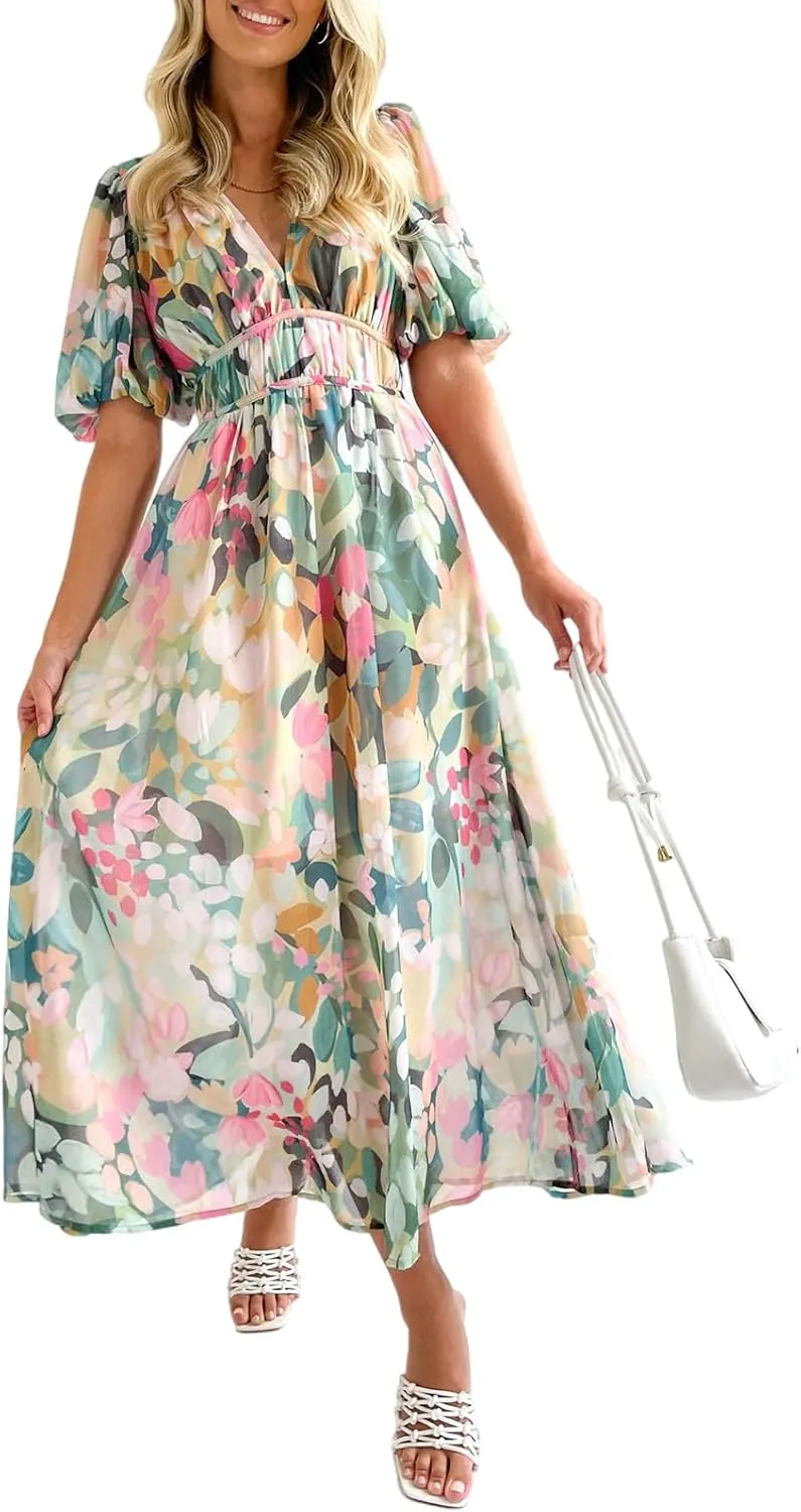 Sissyaki Women's Boho Floral Midi Dress Smocked Beach Flowy Dress