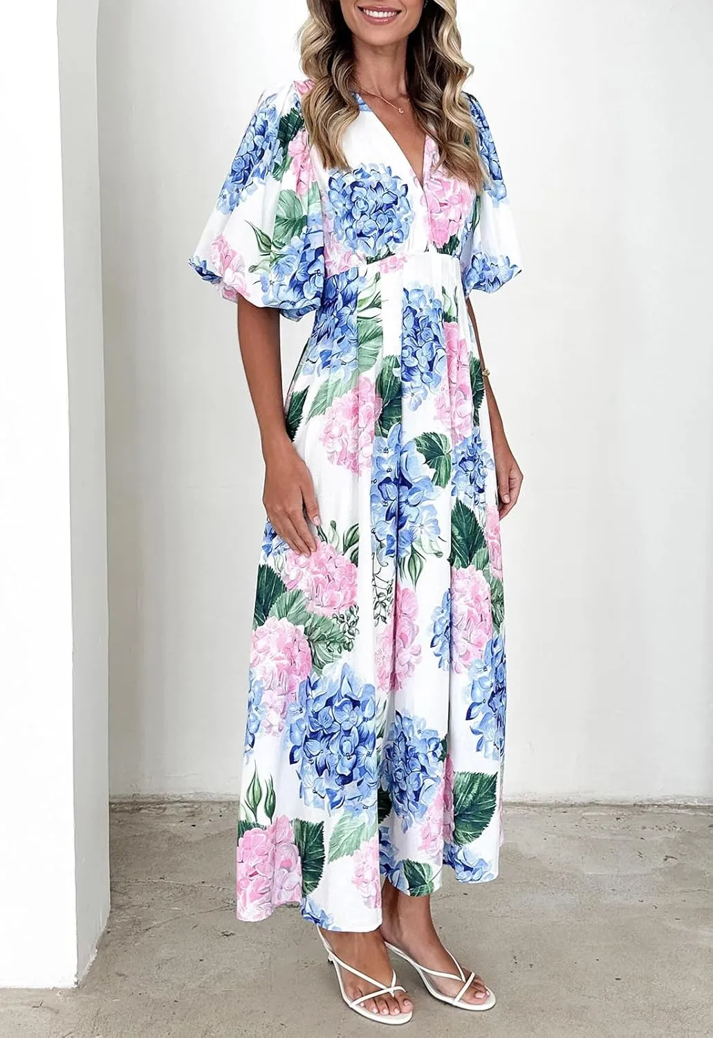 Sissyaki Women's Boho Floral Midi Dress Smocked Beach Flowy Dress