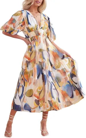 Sissyaki Women's Boho Floral Midi Dress Smocked Beach Flowy Dress