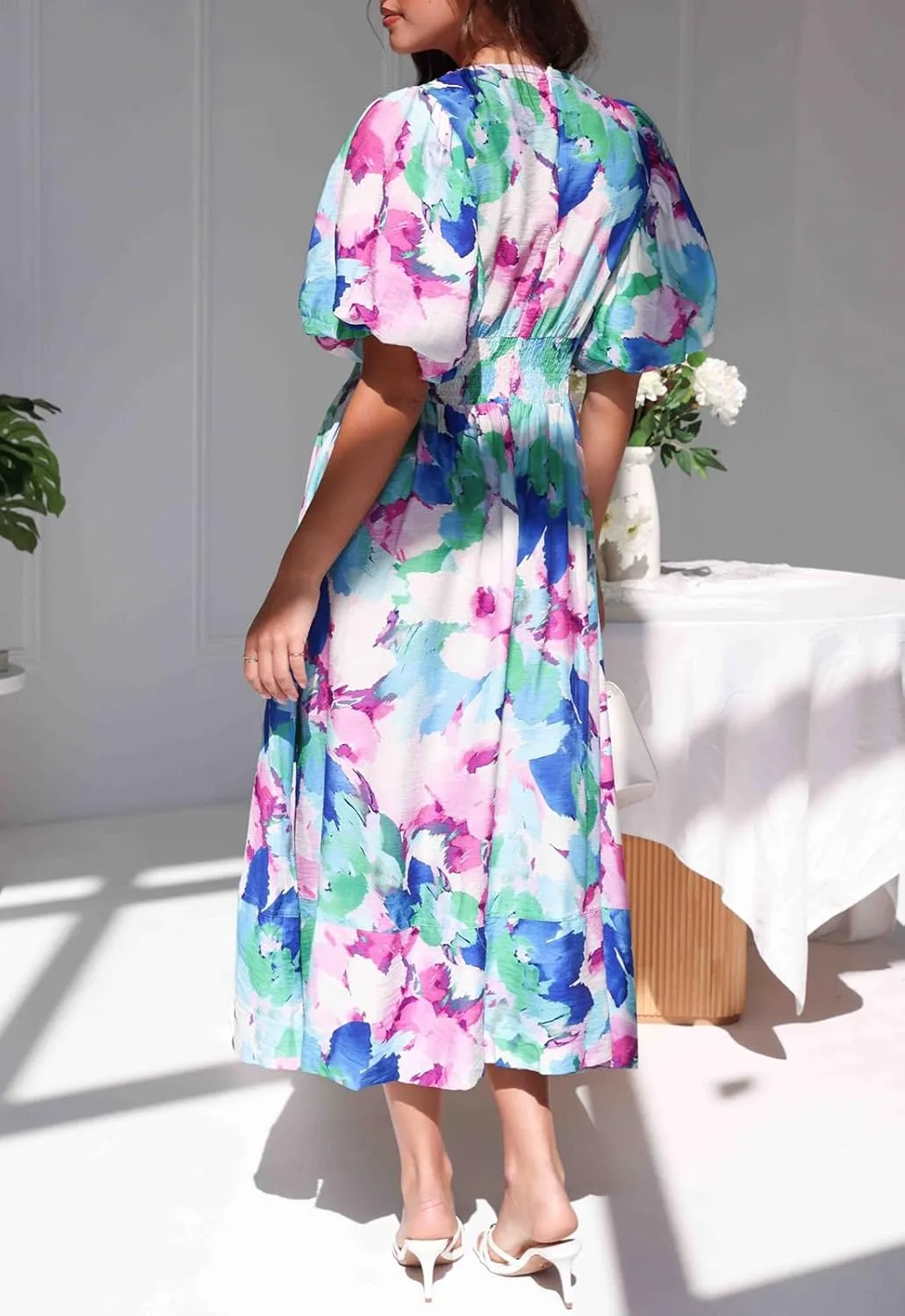 Sissyaki Women's Boho Floral Midi Dress Smocked Beach Flowy Dress