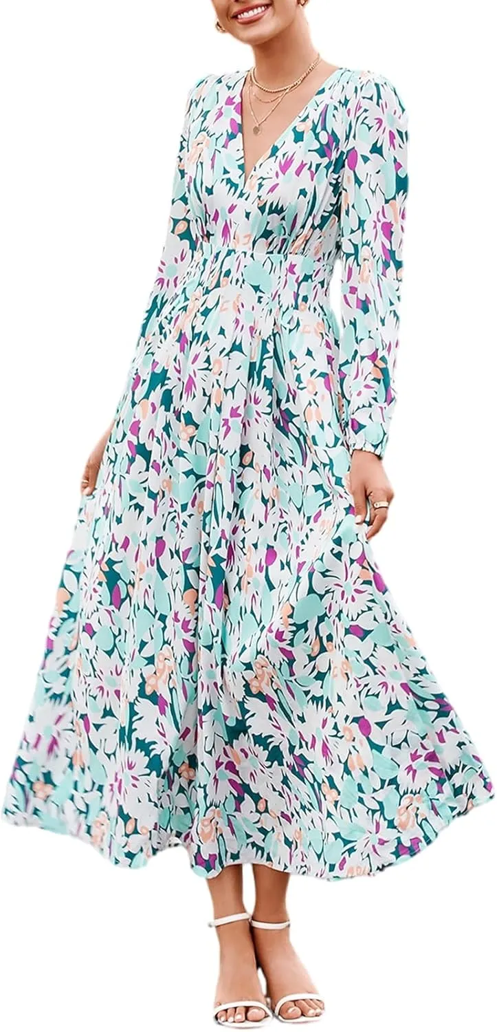 Sissyaki Women's Long Sleeve Boho Floral Maxi Dress Smocked Beach Flowy Dress