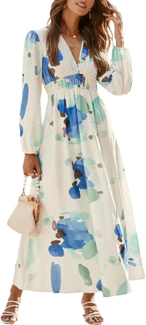 Sissyaki Women's Long Sleeve Boho Floral Maxi Dress