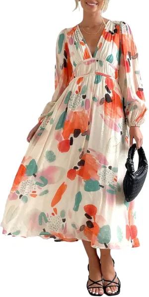 Sissyaki Women's Long Sleeve Boho Floral Maxi Dress