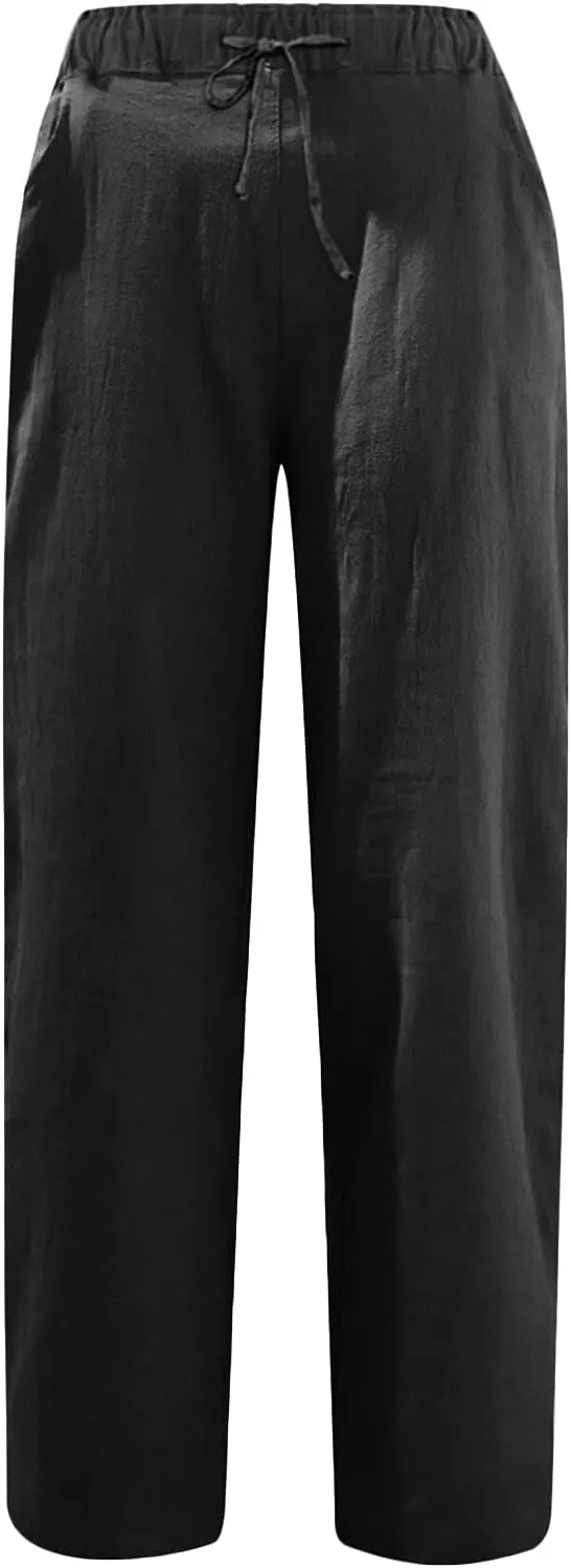 SMIDOW Women's Capris and Cropped Pants Drawstring Elastic High Waist Straight Leg Casual Loose Lounge Linen Pant Trousers