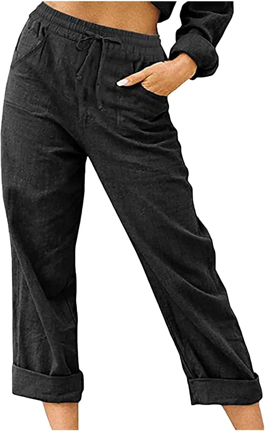 SMIDOW Women's Capris and Cropped Pants Drawstring Elastic High Waist Straight Leg Casual Loose Lounge Linen Pant Trousers