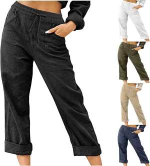 SMIDOW Women's Capris and Cropped Pants Drawstring Elastic High Waist Straight Leg Casual Loose Lounge Linen Pant Trousers