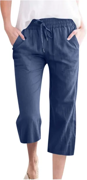 SMIDOW Women's Cotton Linen Capris Cropped Casual Pants Straight Leg Drawstring Elastic High Waist Loose Trousers with Pocket