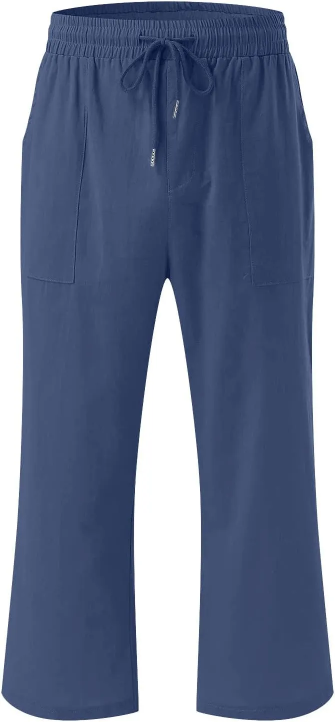 SMIDOW Women's Cotton Linen Capris Cropped Casual Pants Straight Leg Drawstring Elastic High Waist Loose Trousers with Pocket