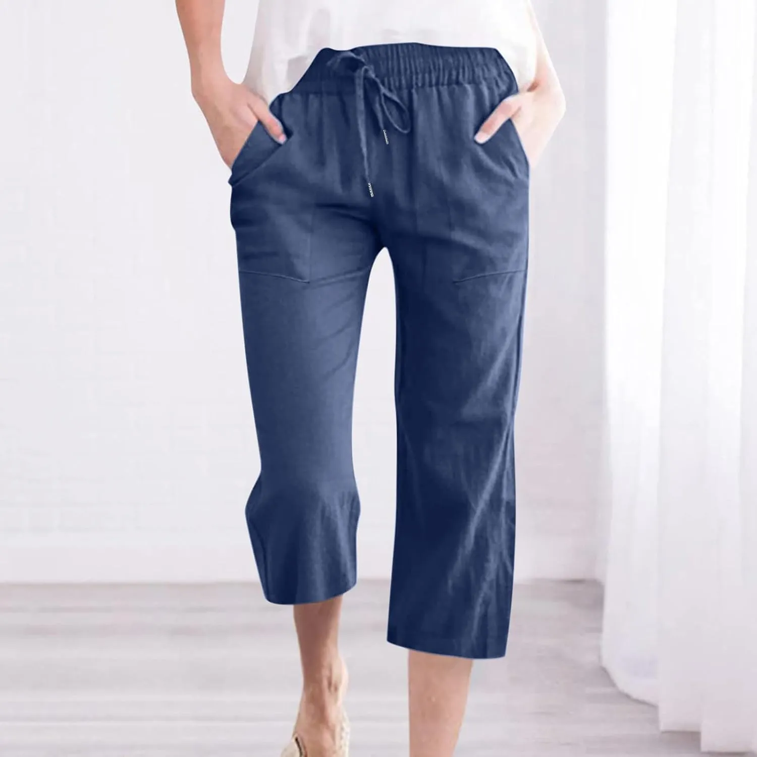 SMIDOW Women's Cotton Linen Capris Cropped Casual Pants Straight Leg Drawstring Elastic High Waist Loose Trousers with Pocket