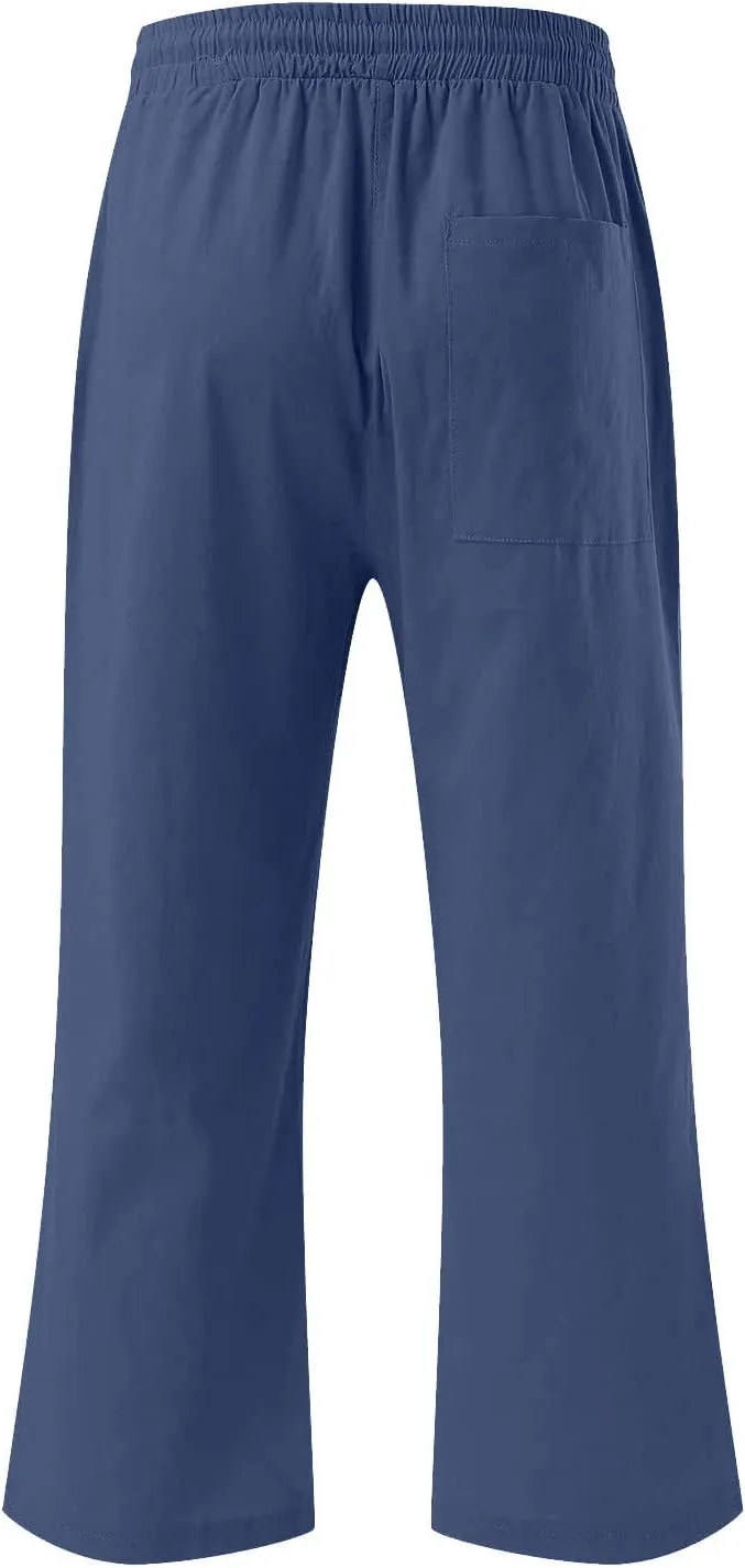 SMIDOW Women's Cotton Linen Capris Cropped Casual Pants Straight Leg Drawstring Elastic High Waist Loose Trousers with Pocket