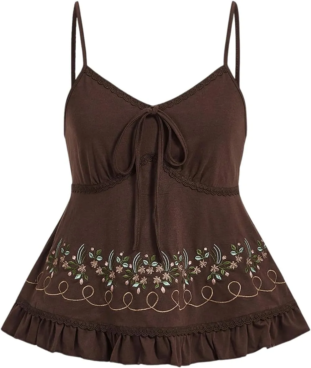 SOLY HUX Women's Floral Embroidery Cami Tops Tie Front Ruffle Hem Summer Camisole