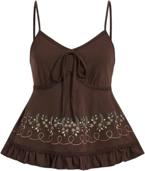 SOLY HUX Women's Floral Embroidery Cami Tops Tie Front Ruffle Hem Summer Camisole