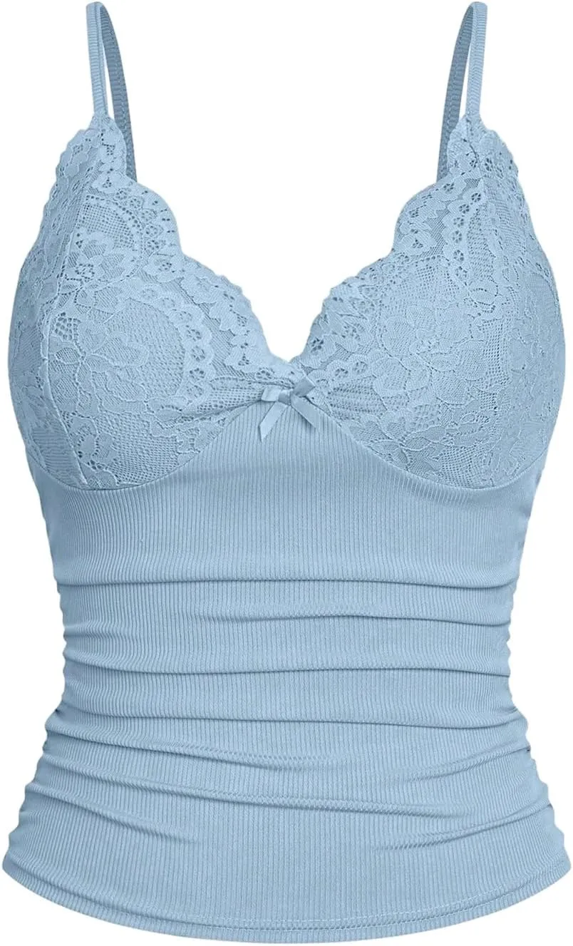 SOLY HUX Women's Lace Trim Camisole Summer V Neck Spaghetti Strap Slim Fit Going Out Cami Tops