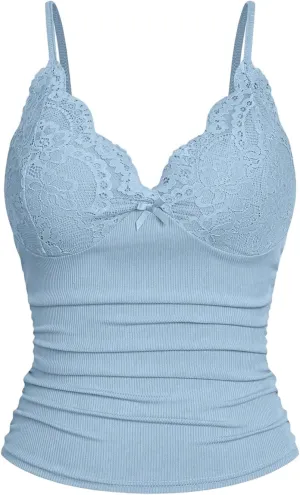 SOLY HUX Women's Lace Trim Camisole Summer V Neck Spaghetti Strap Slim Fit Going Out Cami Tops