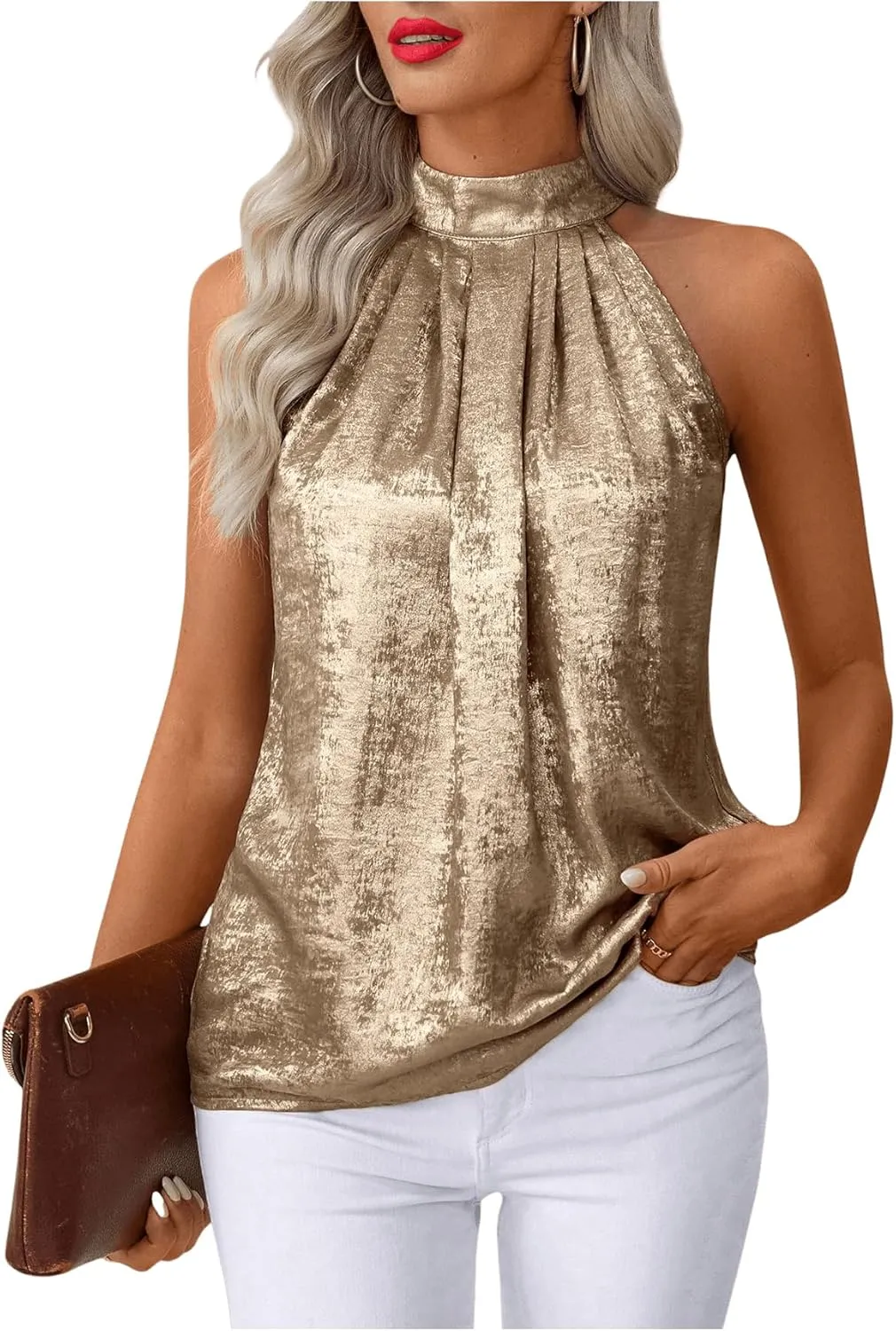 SOLY HUX Women's Metallic Halter Tops Sleeveless Mock Neck Tank Top Summer Party Cocktail Vest Shirts