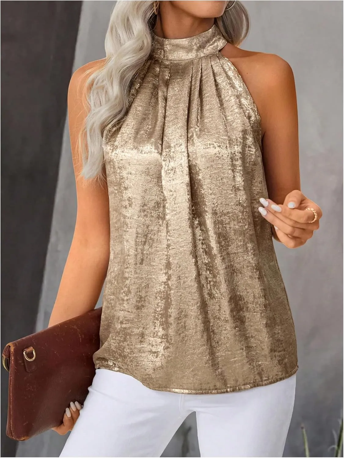 SOLY HUX Women's Metallic Halter Tops Sleeveless Mock Neck Tank Top Summer Party Cocktail Vest Shirts