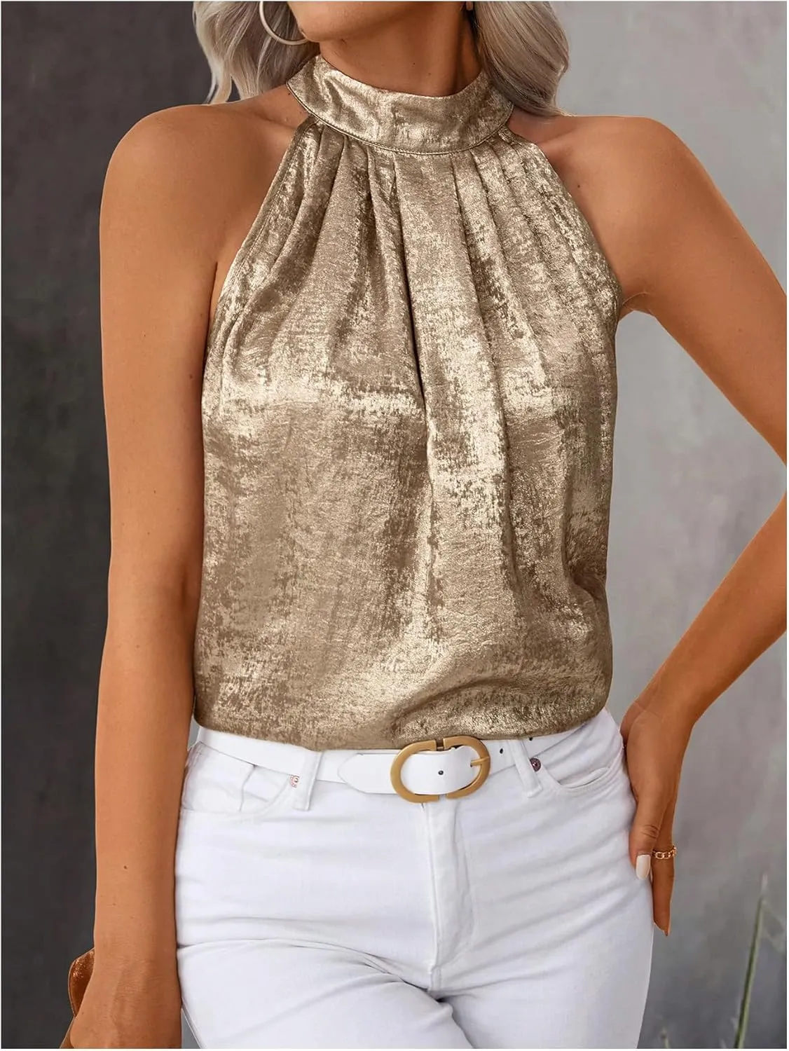 SOLY HUX Women's Metallic Halter Tops Sleeveless Mock Neck Tank Top Summer Party Cocktail Vest Shirts
