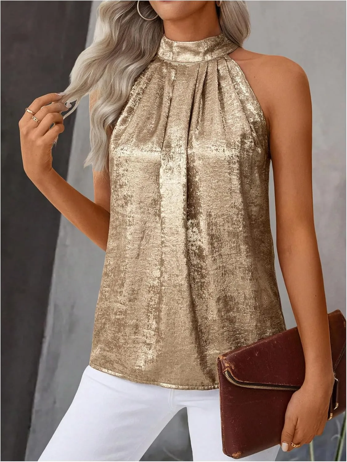 SOLY HUX Women's Metallic Halter Tops Sleeveless Mock Neck Tank Top Summer Party Cocktail Vest Shirts