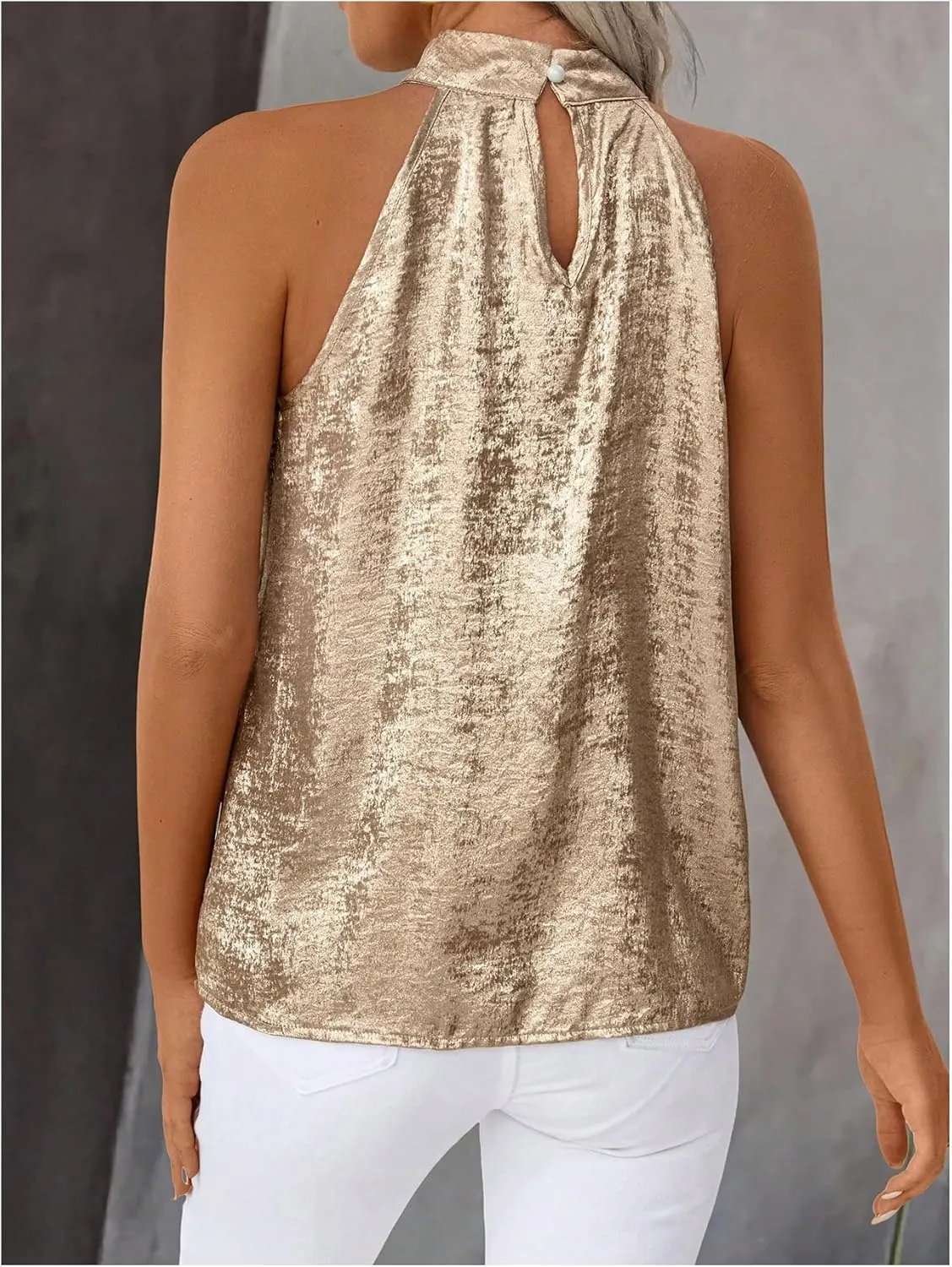 SOLY HUX Women's Metallic Halter Tops Sleeveless Mock Neck Tank Top Summer Party Cocktail Vest Shirts