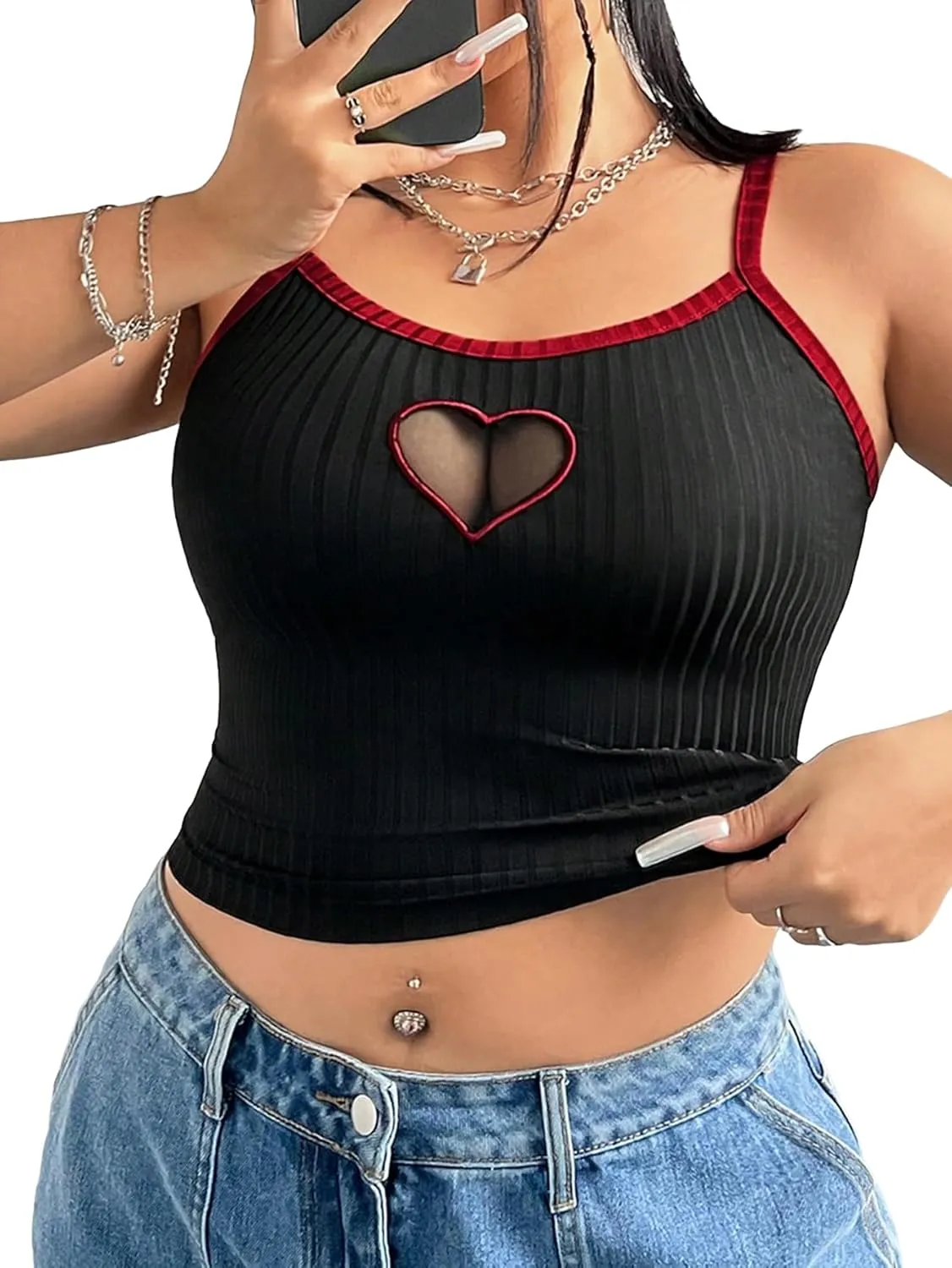 SOLY HUX Women's Plus Size Goth Cami Crop Tops Contrast Mesh Spaghetti Strap Summer Top