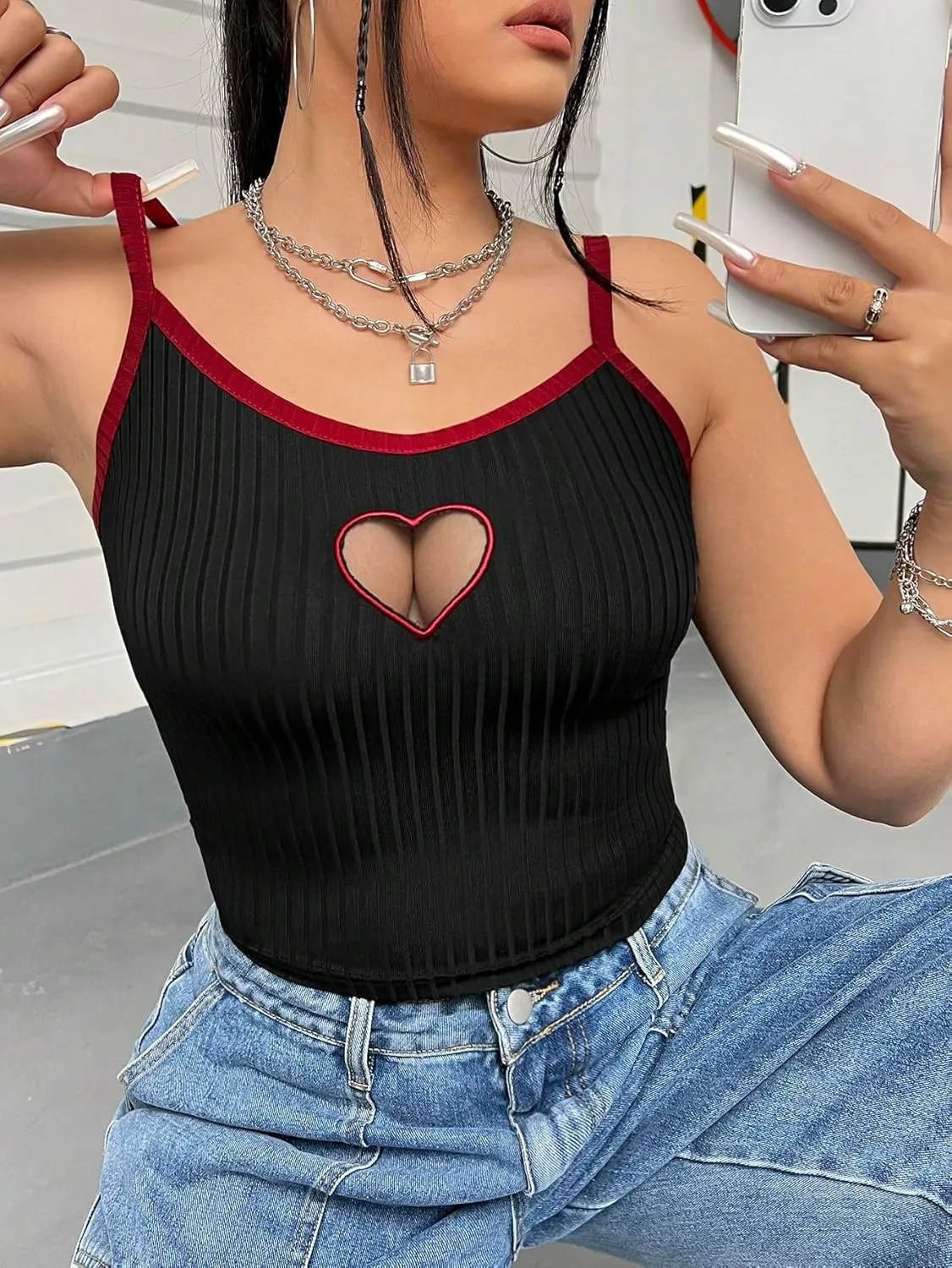 SOLY HUX Women's Plus Size Goth Cami Crop Tops Contrast Mesh Spaghetti Strap Summer Top