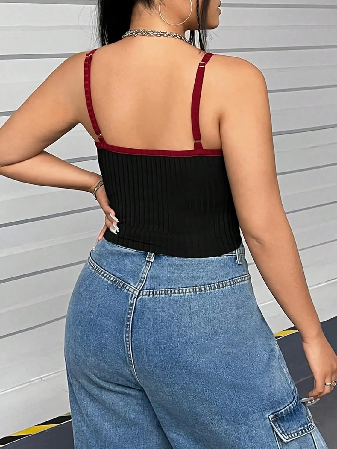 SOLY HUX Women's Plus Size Goth Cami Crop Tops Contrast Mesh Spaghetti Strap Summer Top