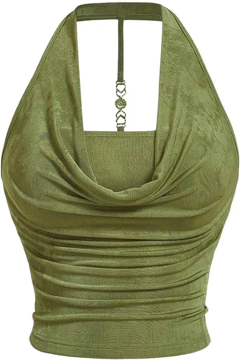 SOLY HUX Women's Plus Size Halter Draped Front Backless Tank Top Sleeveless Y2k Crop Tops