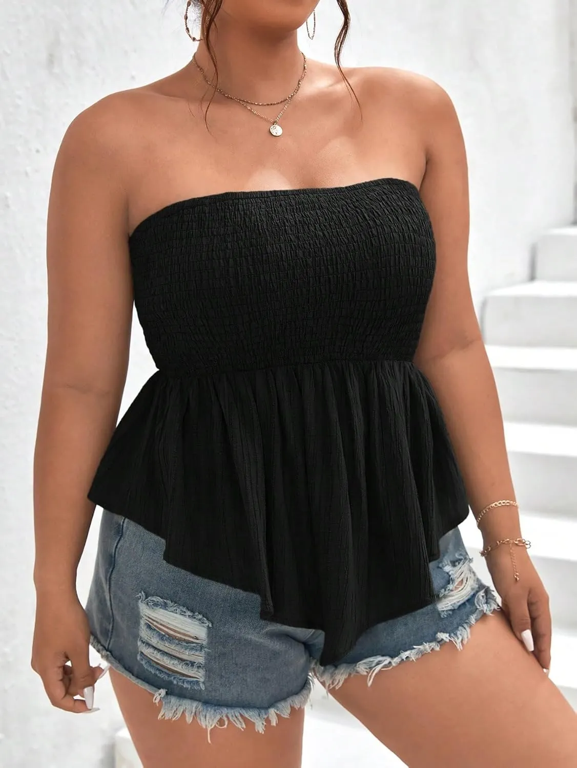 SOLY HUX Women's Plus Size Ruffle Hem Smocked Tube Top Strapless Sleeveless Bandeau Peplum Tops