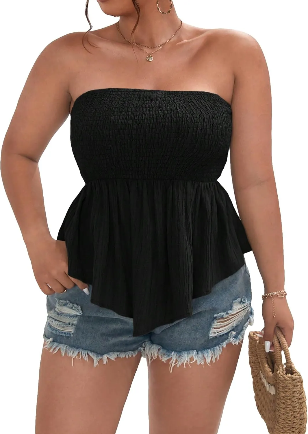 SOLY HUX Women's Plus Size Ruffle Hem Smocked Tube Top Strapless Sleeveless Bandeau Peplum Tops