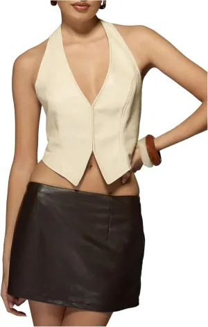 SOLY HUX Women's PU Leather Halter Tank Tops Sexy Deep V Neck Asymmetrical Vest Corset Party Clubwear