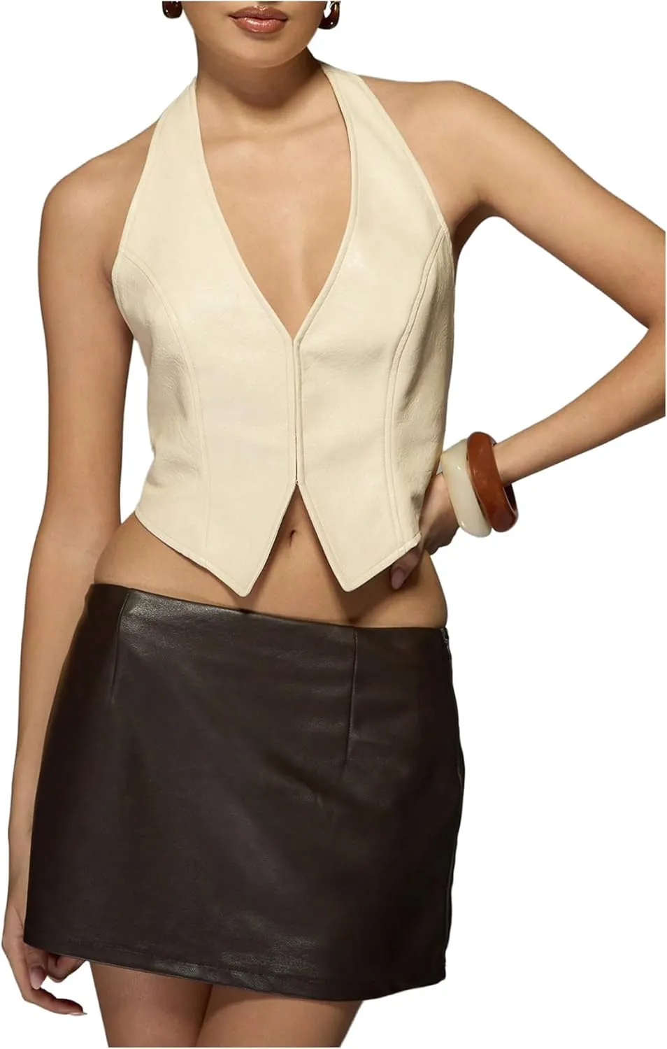 SOLY HUX Women's PU Leather Halter Tank Tops Sexy Deep V Neck Asymmetrical Vest Corset Party Clubwear